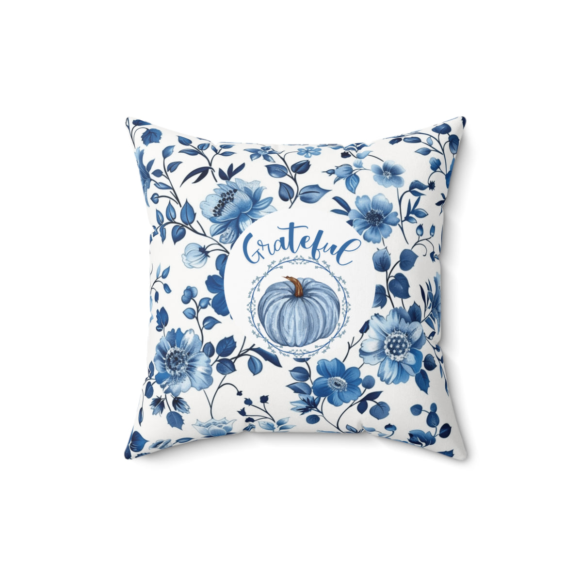 Thankful Grateful Reversible Fall Pillow | Blue Floral Pumpkin Thanksgiving Decor | Double-Sided Autumn Accent Pillow