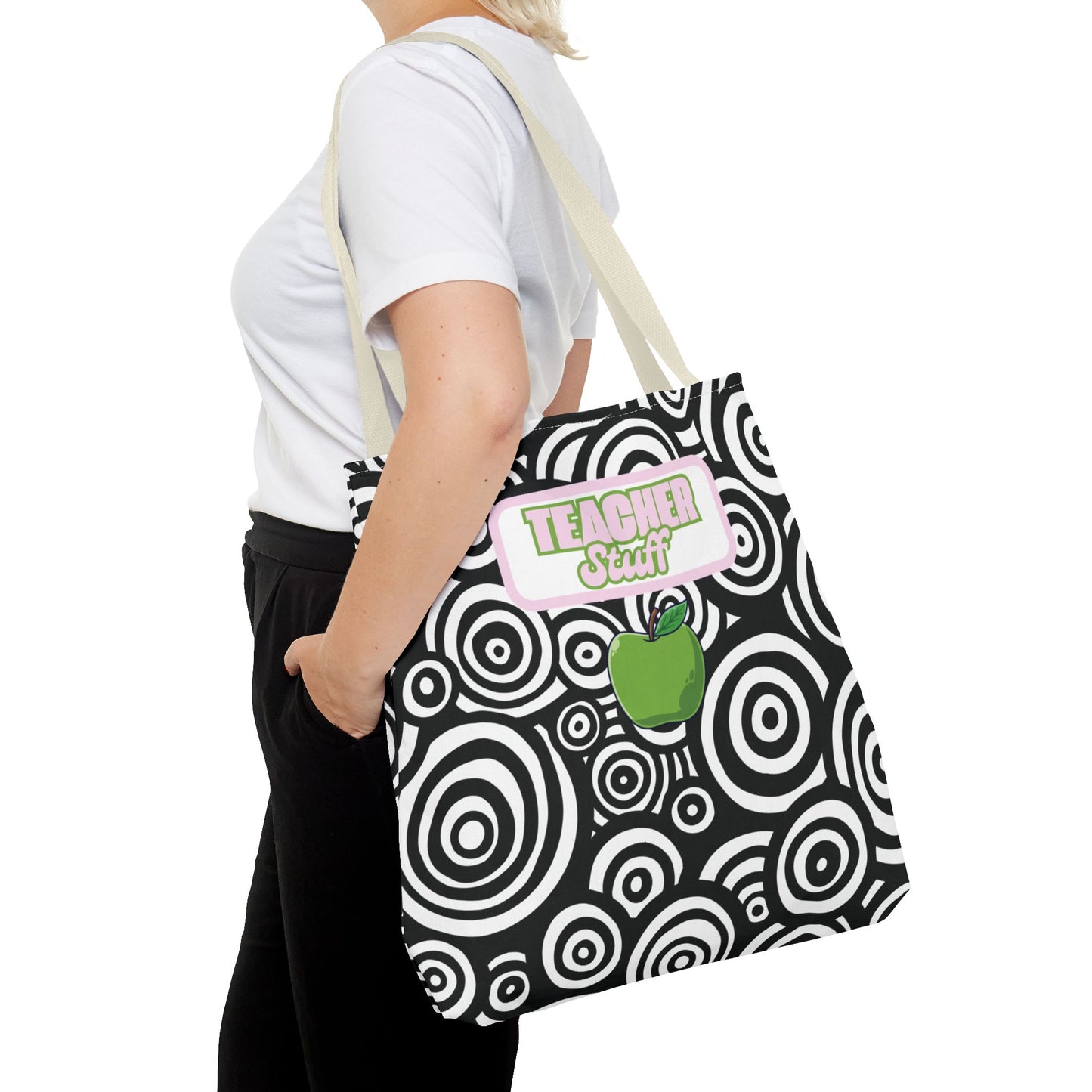 Fashionable Black and White Patterned Teacher Tote Geometric Circles Multipurpose Everyday Use Functional Educator Apple Design Gift Bag