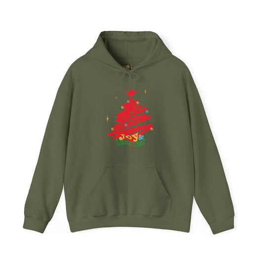 Joy & Laughter Hoodie Holiday Sweatshirt with Brush-Stroke Christmas Tree Design Cozy Winter Pullover Gift