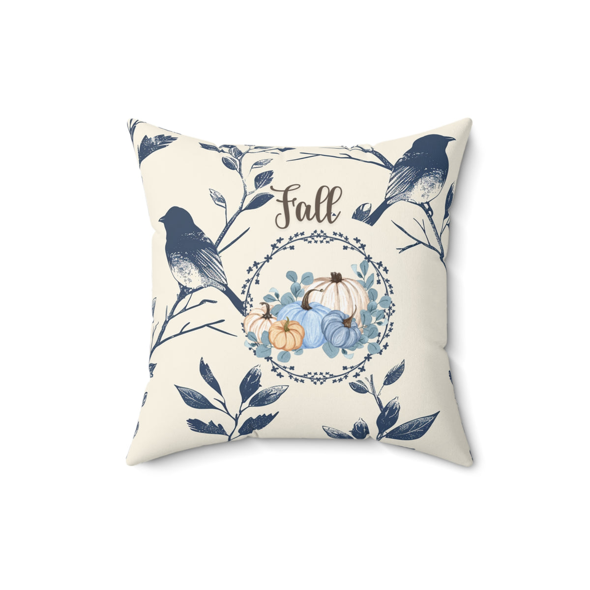 Blue Bird & Pumpkin Fall Pillow — Cream Autumn Accent Decor
