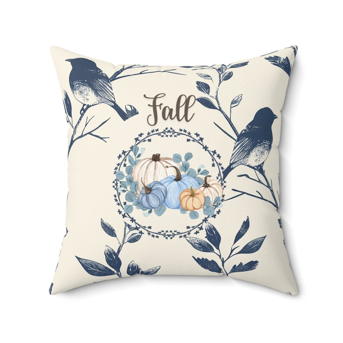 Blue Bird & Pumpkin Fall Pillow — Cream Autumn Accent Decor