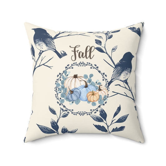 Blue Bird & Pumpkin Fall Pillow — Cream Autumn Accent Decor