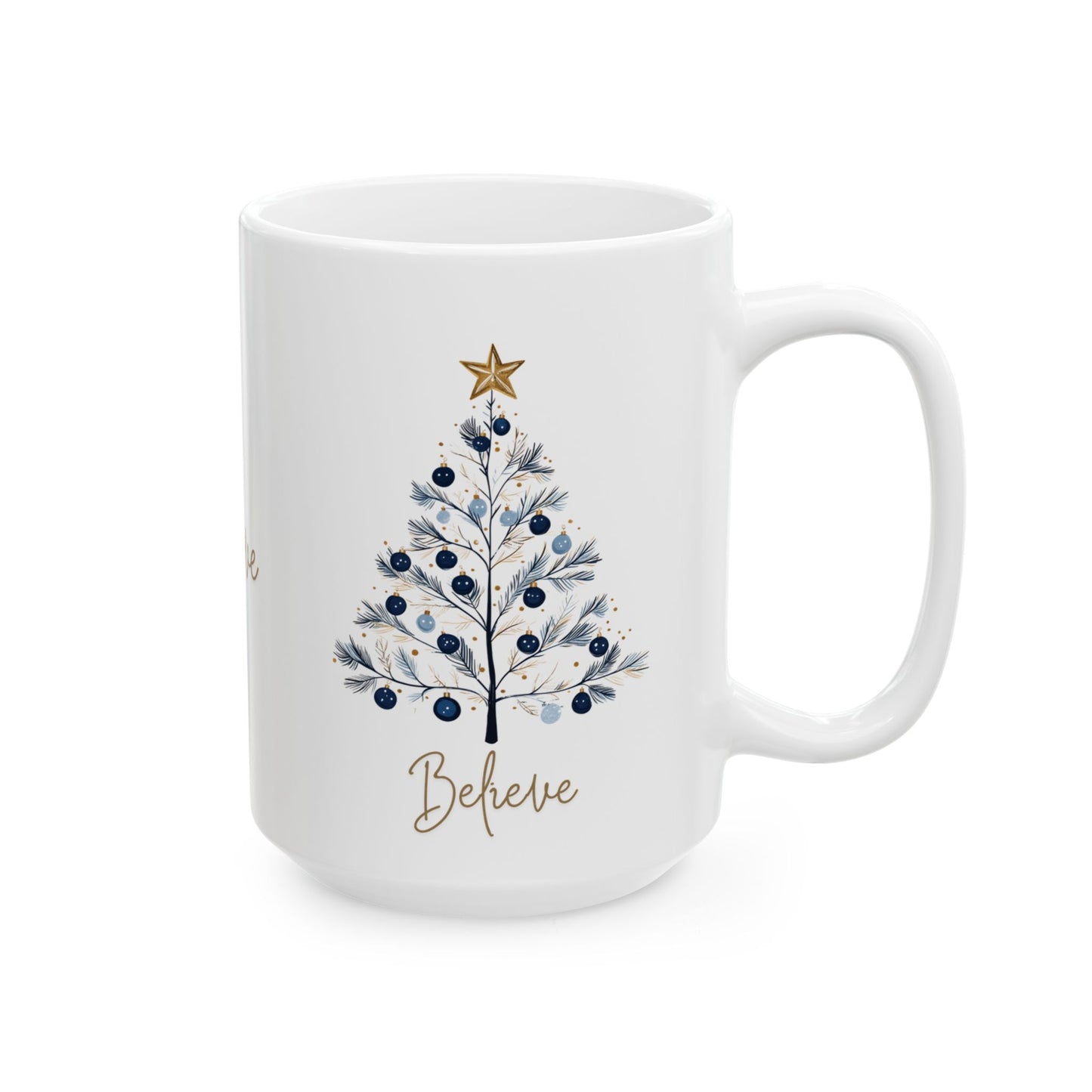 Believe Blue & Gold Christmas 15 oz Mug | Elegant Winter Tree Coffee Cup