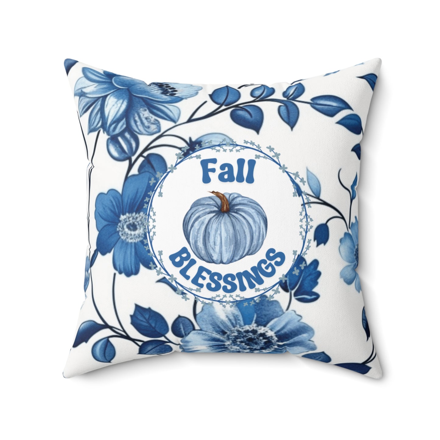 Thanksgiving Blue Floral Pillow Pumpkin Themed Seasonal Throw Cushion Modern Fall Accent Holiday Pillow Double-Sided Gift For Her