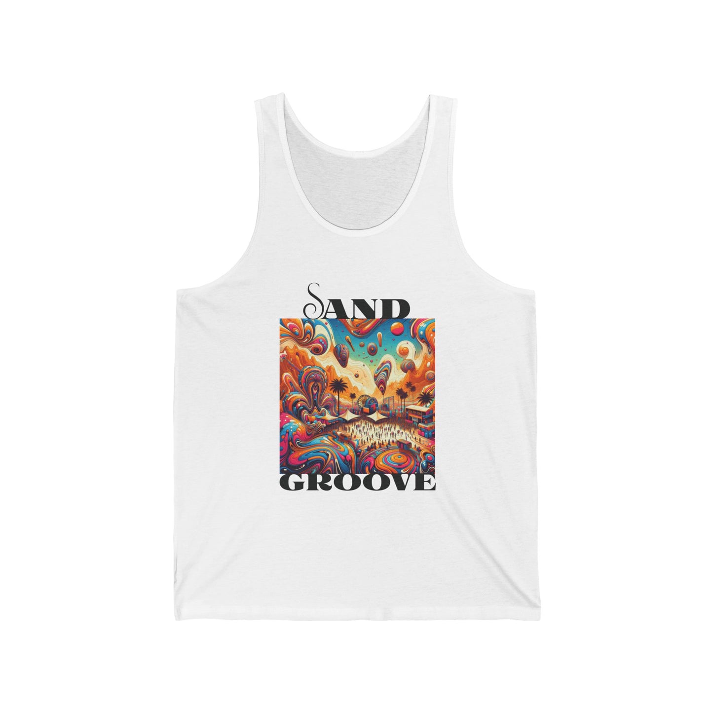 Sand Groove Retro Beats Festival Tank Artistic Desert Scene for Festival Goers Paisley Sky Design Shirt Music Lovers Top