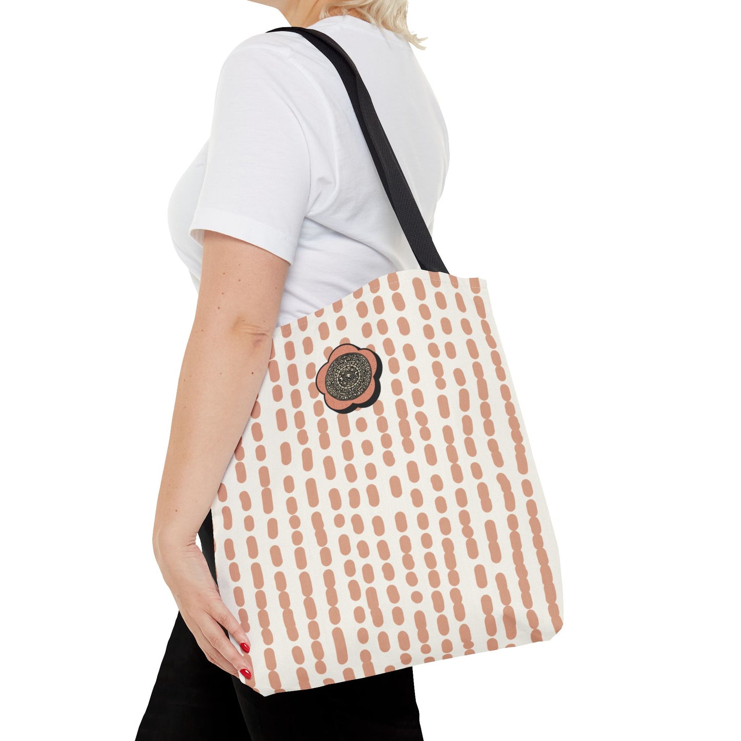 Elegant Bohemian Style Peach Abstract Tote With Medallion Accent Stylish Everyday vertical Pattern Carryall Fashionable Multipurpose Shopper