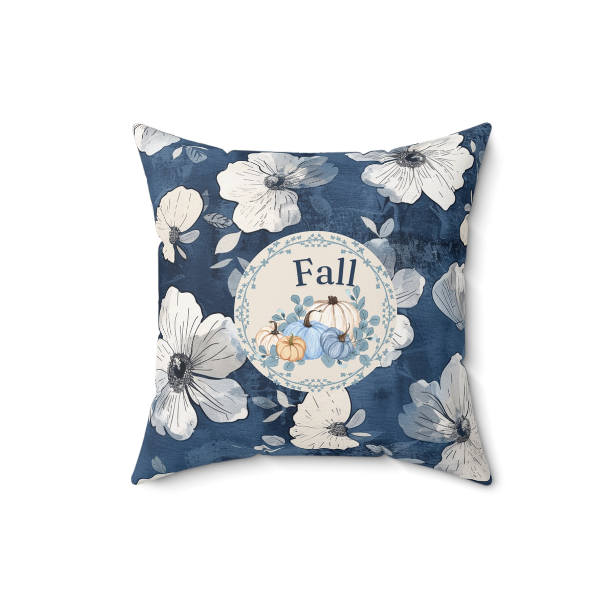 Blue Floral Fall Pumpkin Pillow — Autumn Accent Decor
