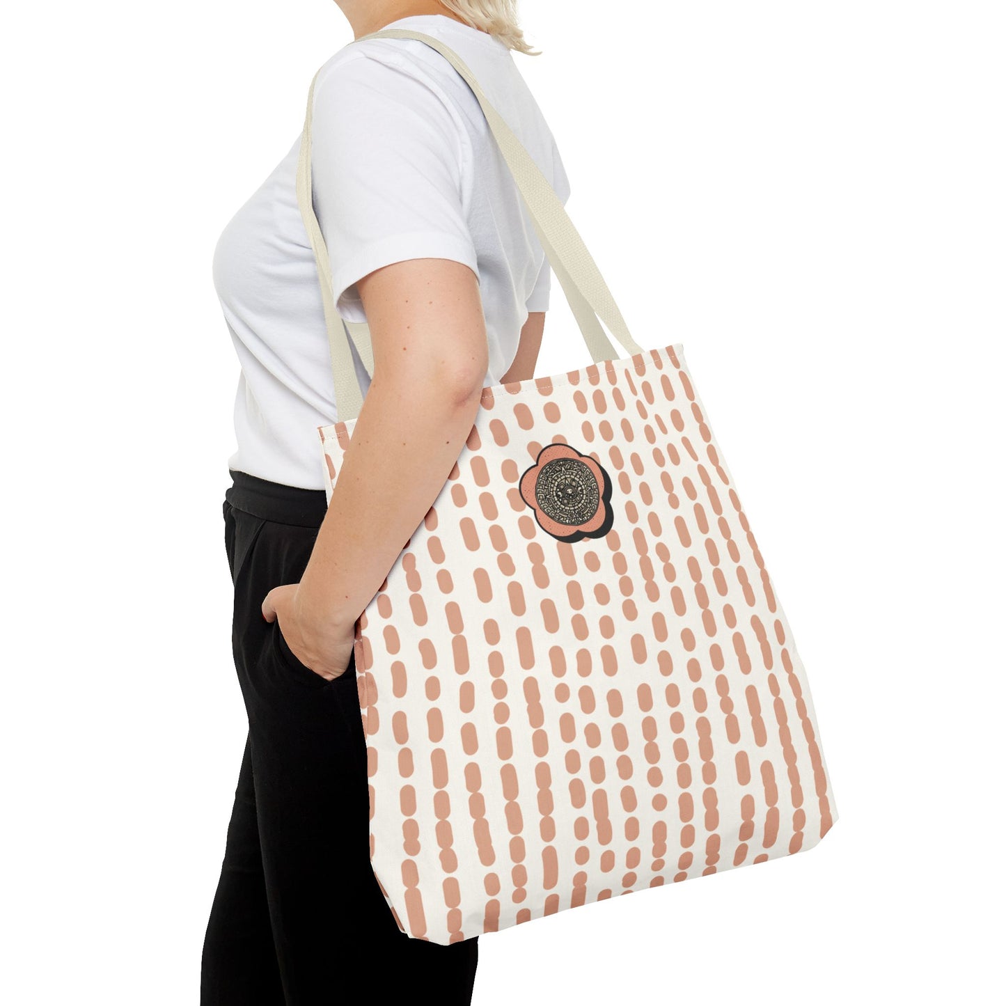 Elegant Bohemian Style Peach Abstract Tote With Medallion Accent Stylish Everyday vertical Pattern Carryall Fashionable Multipurpose Shopper