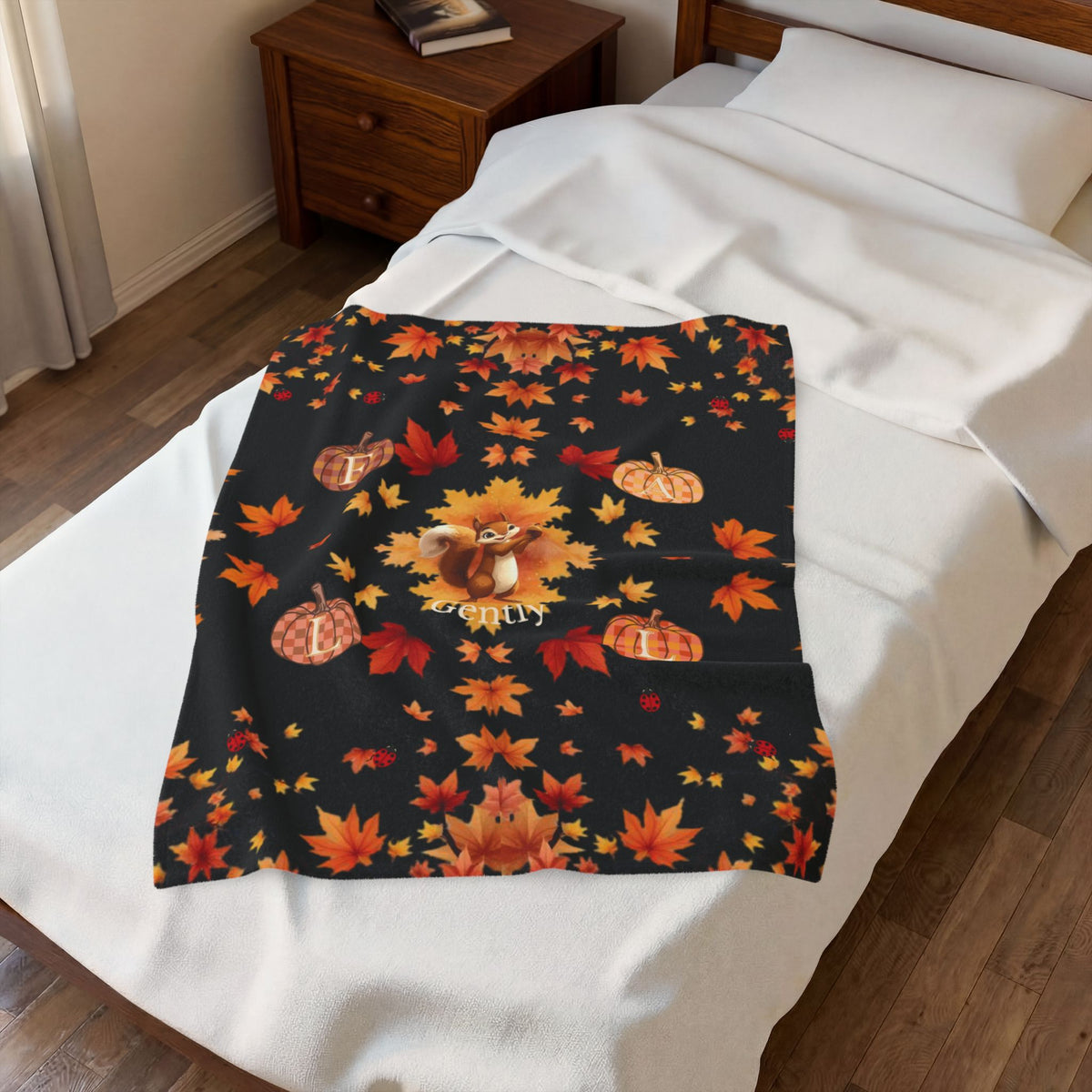Fall Gently Velveteen Plush Blanket | Cozy Autumn Squirrel & Pumpkin Throw
