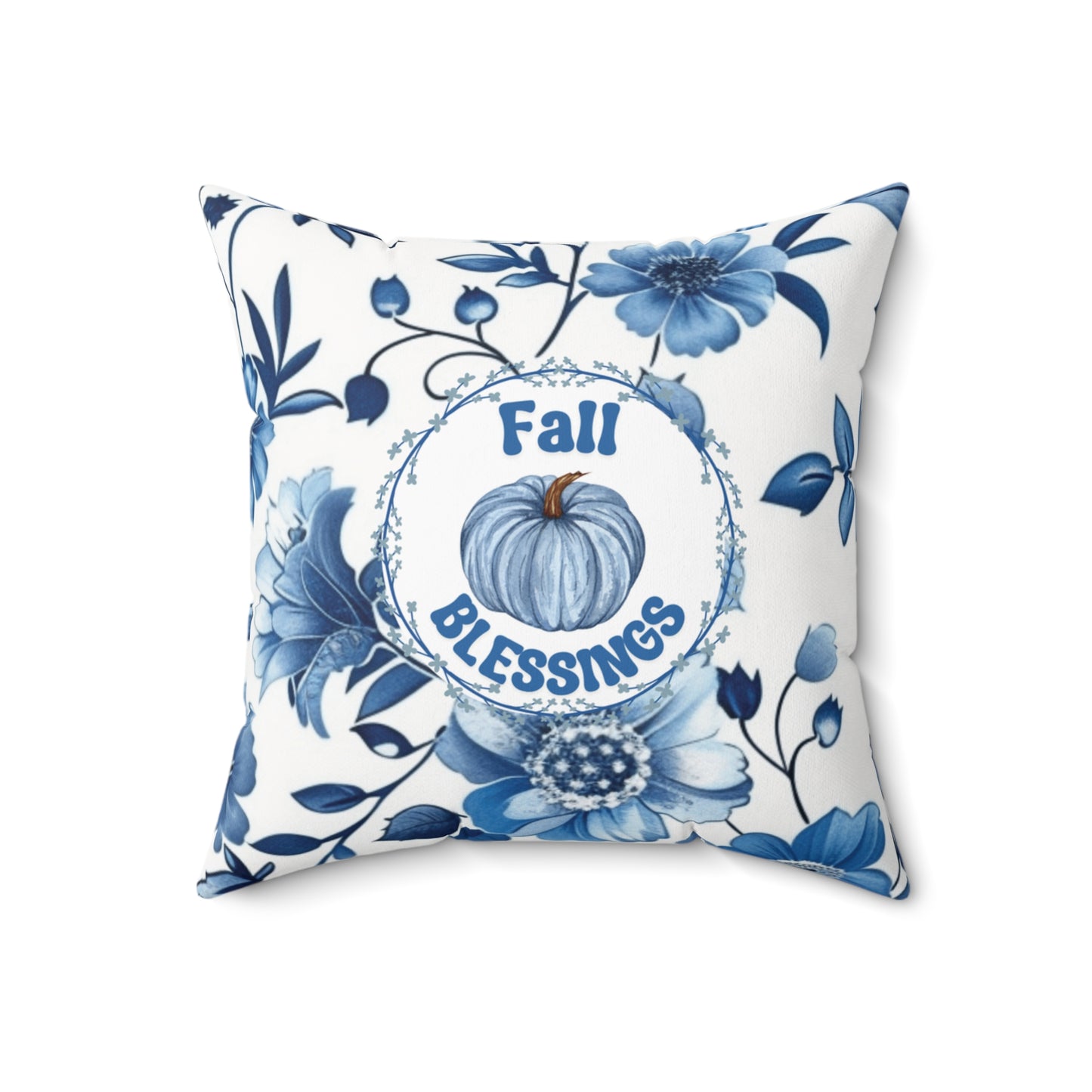 Thanksgiving Blue Floral Pillow Pumpkin Themed Seasonal Throw Cushion Modern Fall Accent Holiday Pillow Double-Sided Gift For Her