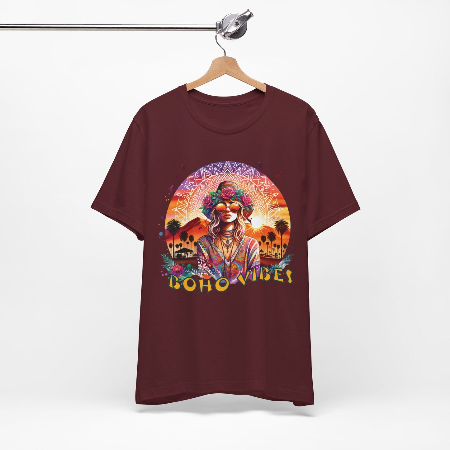 Boho Vibes T-Shirt Bohemian Festival Tee with Flower Crown Graphic for Music Lovers and Desert Style Events