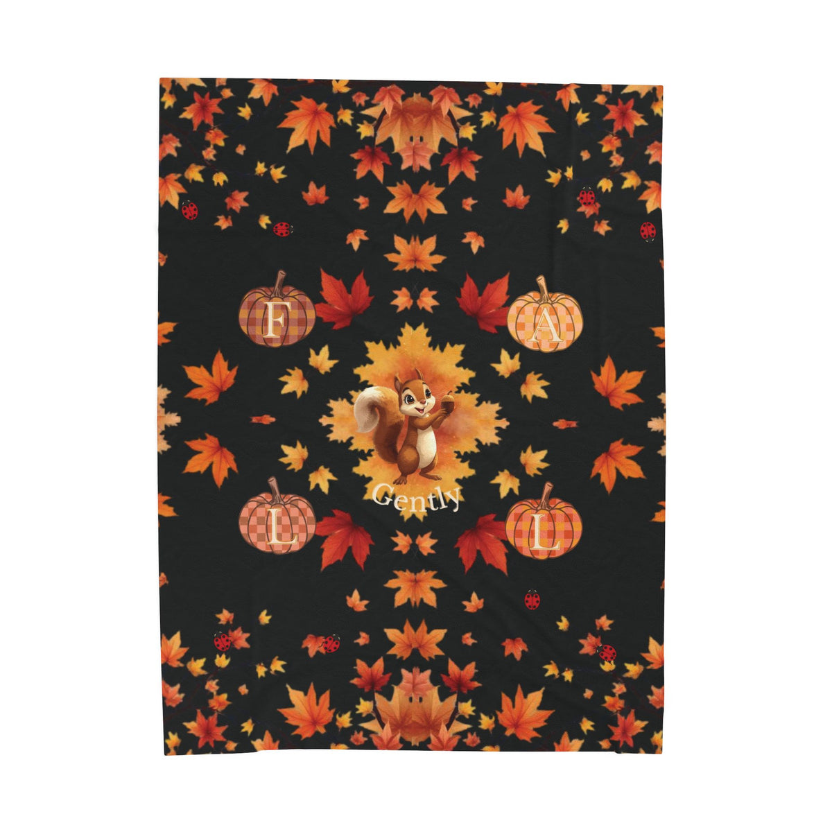 Fall Gently Velveteen Plush Blanket | Cozy Autumn Squirrel & Pumpkin Throw