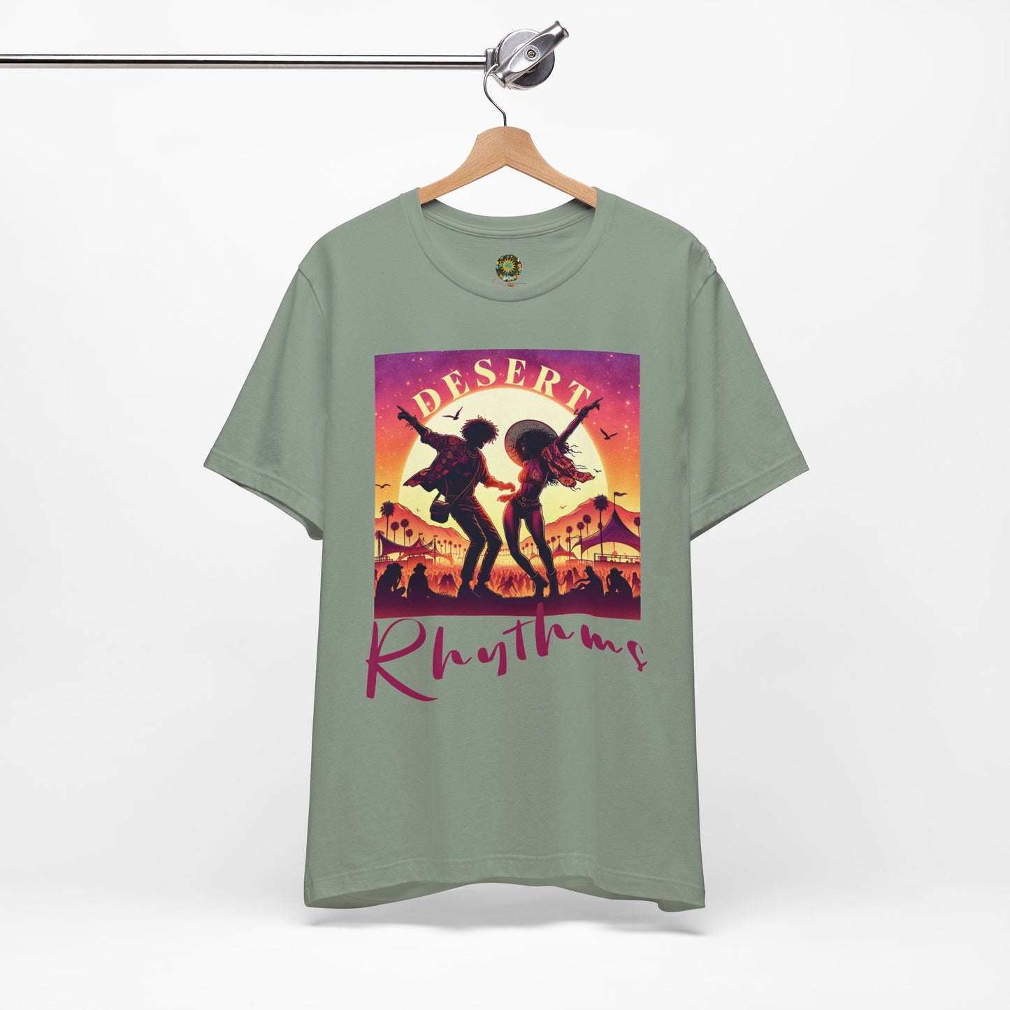 Festival Silhouette T-Shirt Trendy Desert Rhythms Top for Festival-Goers Dancing Couple Tee for Music Lovers