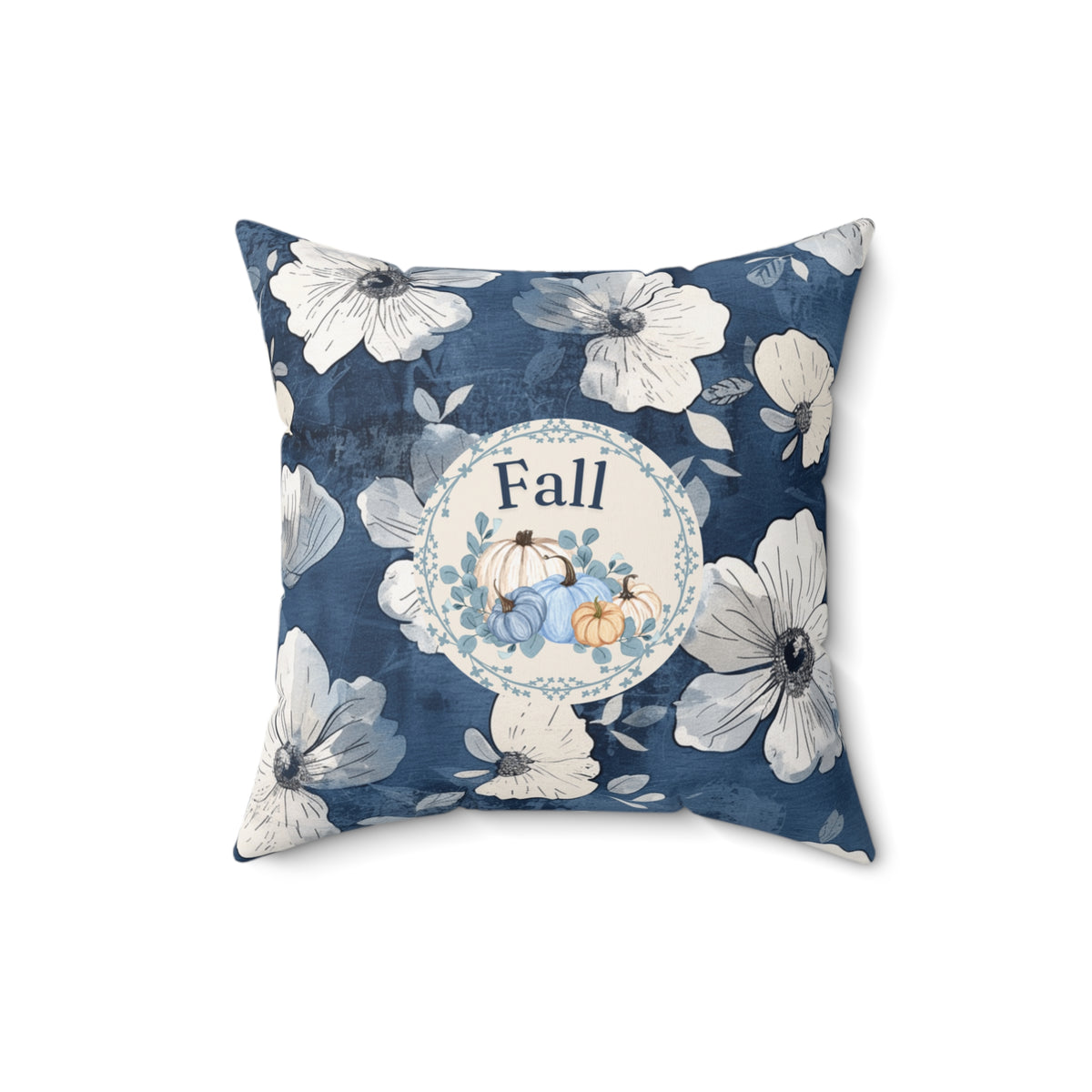 Blue Floral Fall Pumpkin Pillow — Autumn Accent Decor