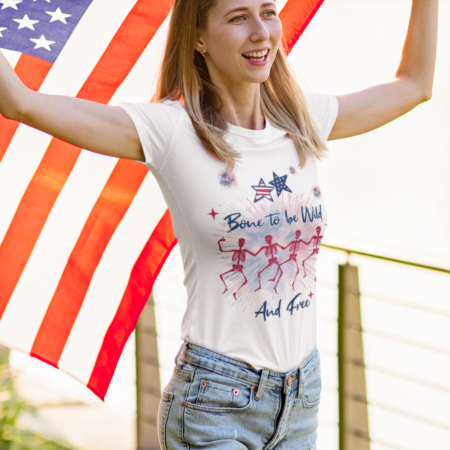 Patriotic Skeletons T Shirt USA Flag Inspirational Tee for 4th of July Memorial Day Presidents Day Celebrate USA