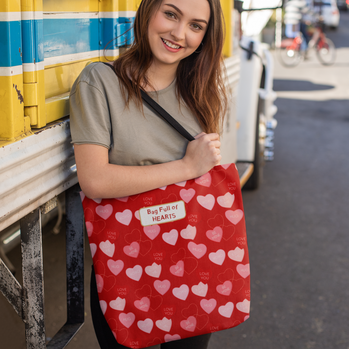 Red Candy Heart Valentine's Tote For Gifting Romantic Reusable Everyday Carry Bag For Women Durable Heart-Filled Shopping Tote Everyday Carryall