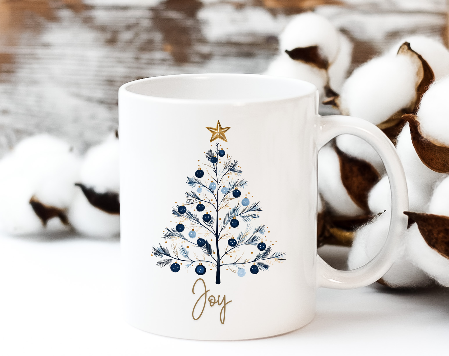 Joy Blue & Gold Christmas 15 oz Mug | Elegant Winter Tree Coffee Cup