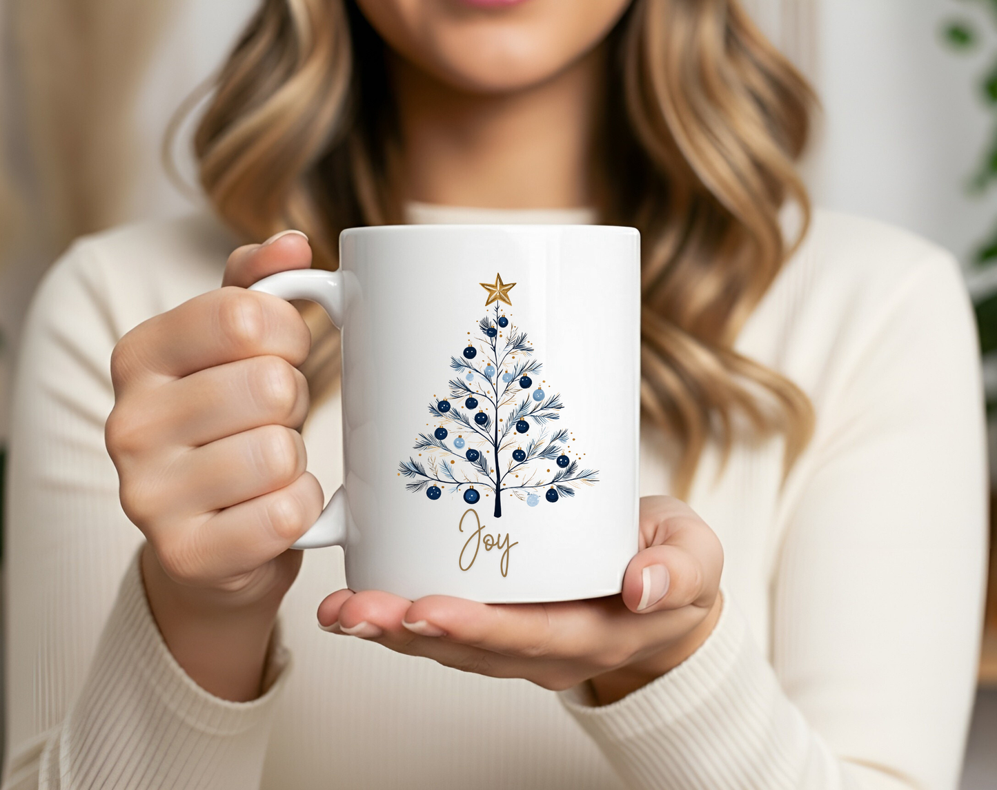 Joy Blue & Gold Christmas 15 oz Mug | Elegant Winter Tree Coffee Cup