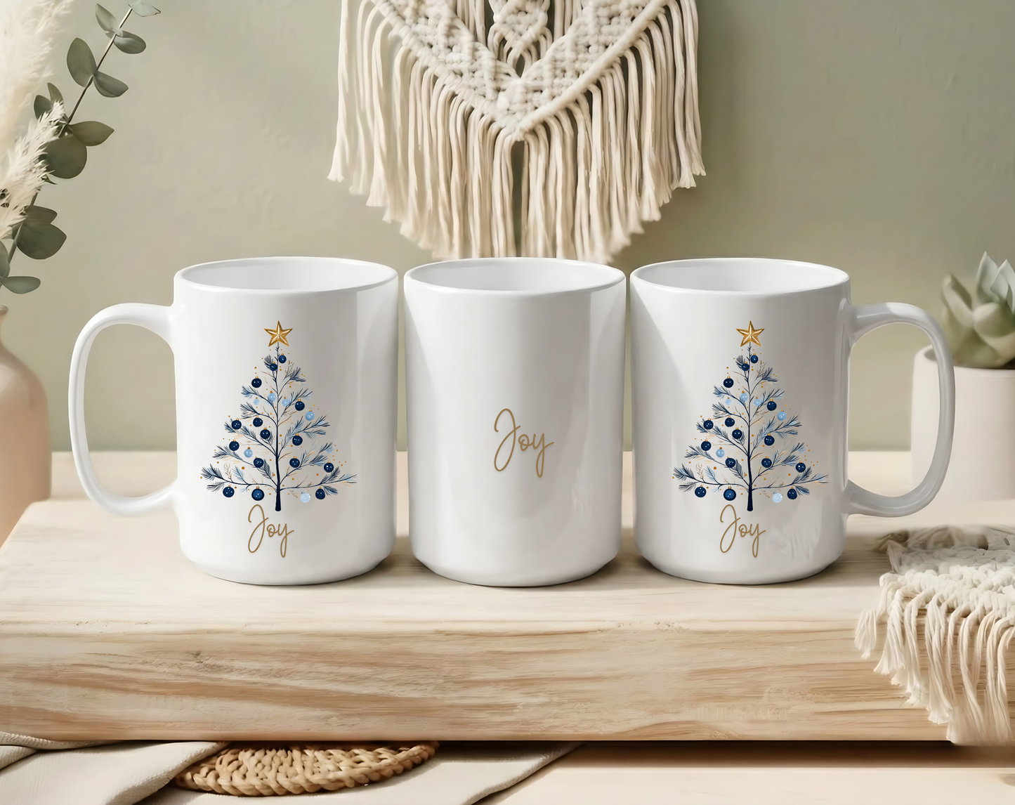 Joy Blue & Gold Christmas 15 oz Mug | Elegant Winter Tree Coffee Cup