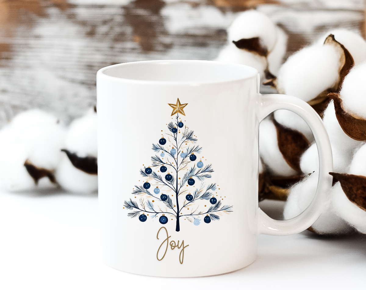 Joy Blue & Gold Christmas 15 oz Mug | Elegant Winter Tree Coffee Cup