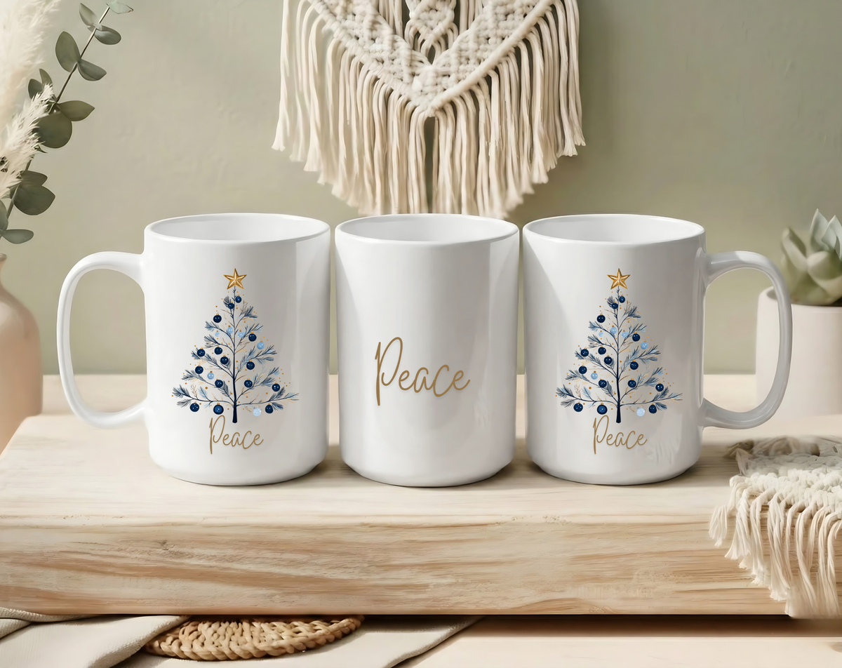Peace Blue & Gold Christmas 15 oz Mug | Elegant Winter Tree Coffee Cup