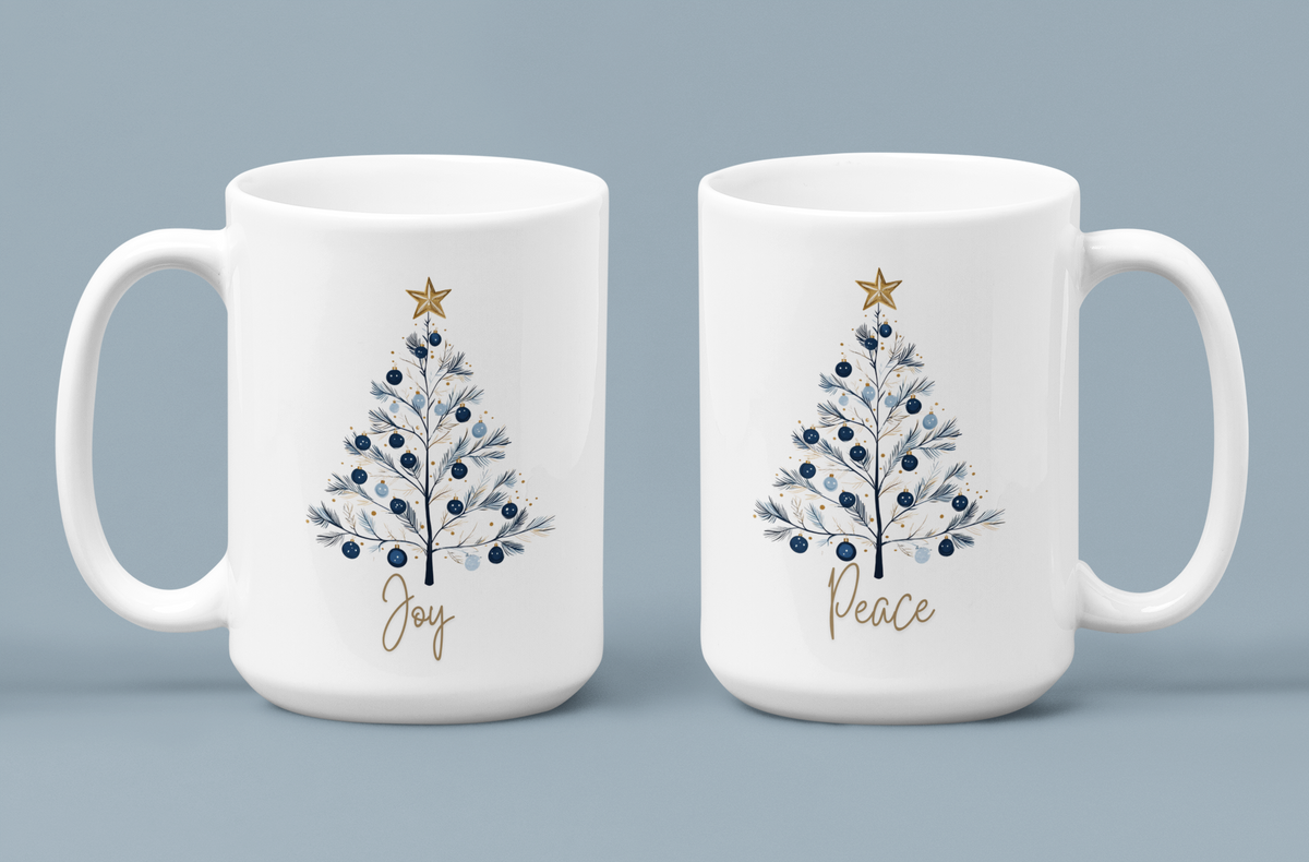 Peace Blue & Gold Christmas 15 oz Mug | Elegant Winter Tree Coffee Cup