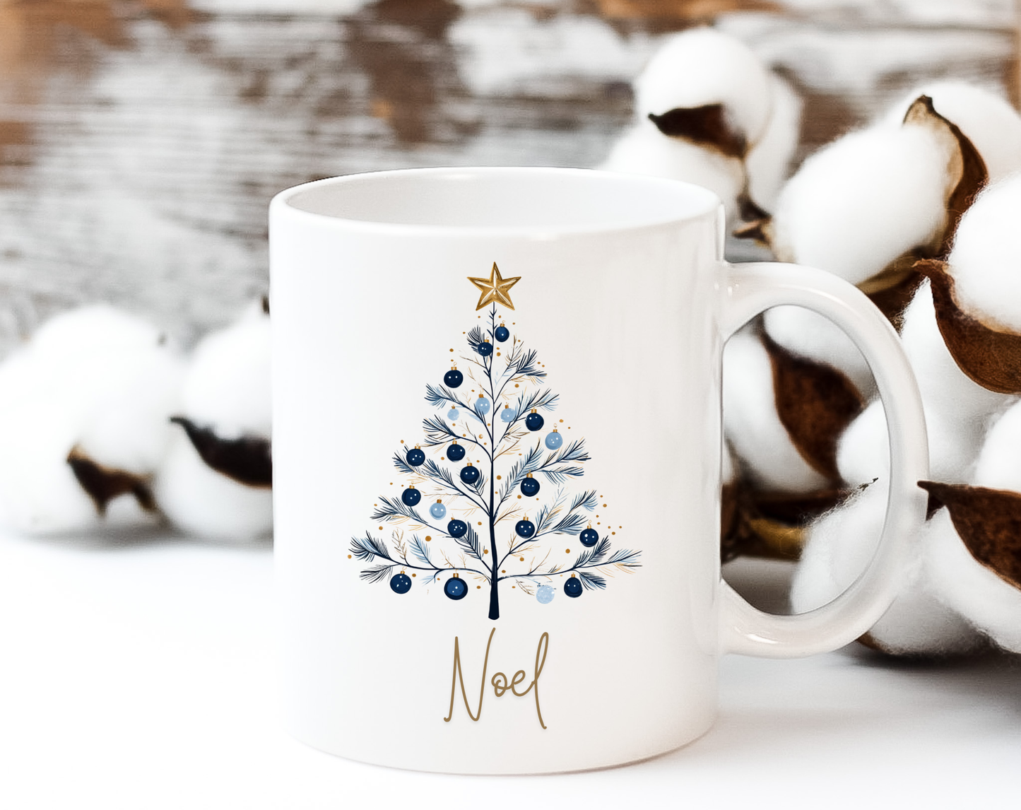 Noel Blue & Gold Christmas 15 oz Mug | Elegant Winter Tree Coffee Cup
