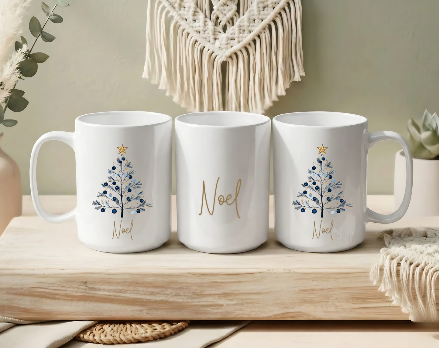 Noel Blue & Gold Christmas 15 oz Mug | Elegant Winter Tree Coffee Cup