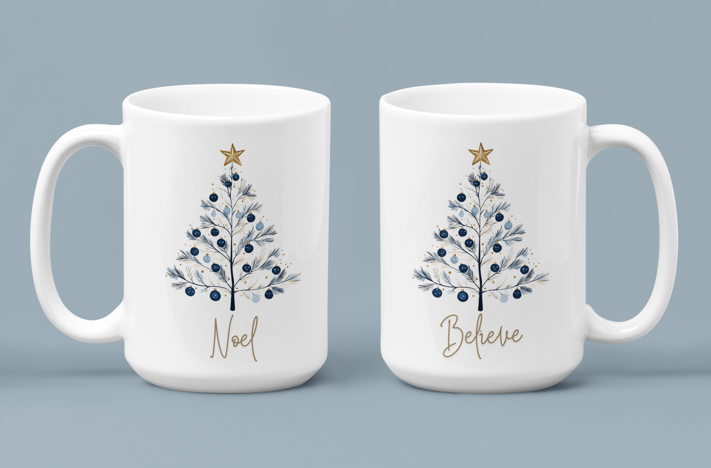 Noel Blue & Gold Christmas 15 oz Mug | Elegant Winter Tree Coffee Cup