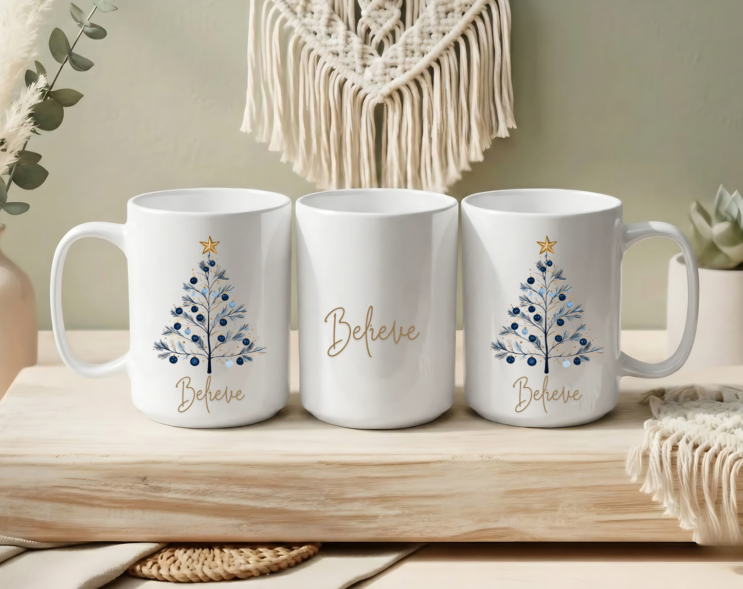 Believe Blue & Gold Christmas 15 oz Mug | Elegant Winter Tree Coffee Cup