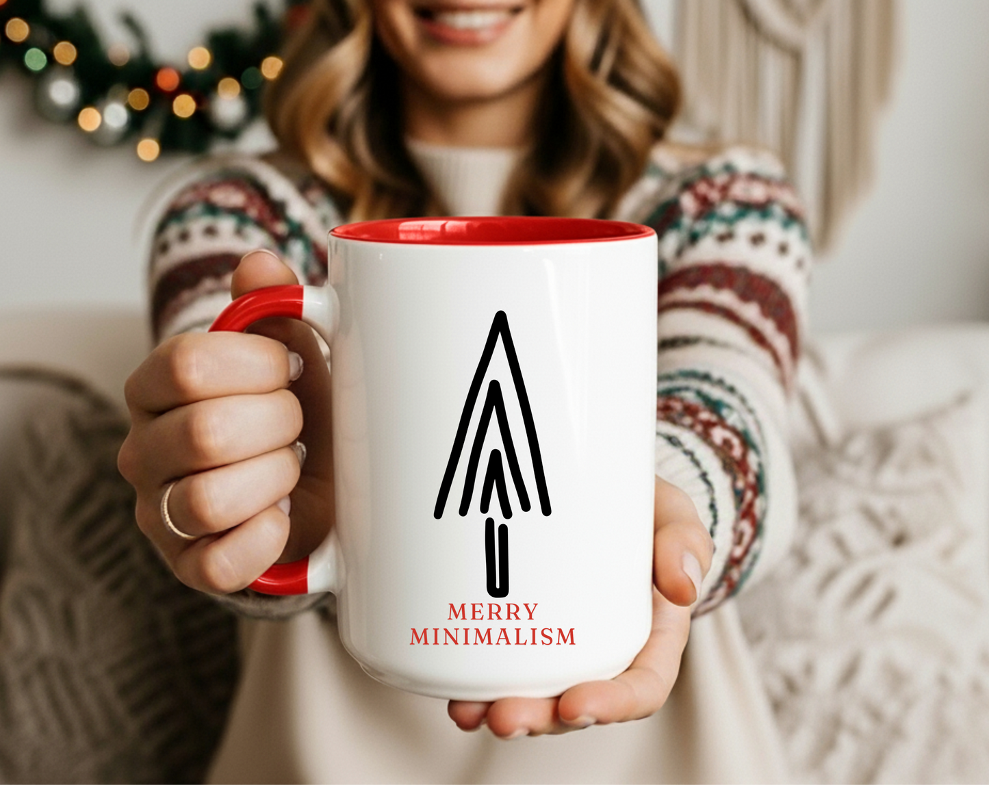 Merry Minimalism Geometric Tree 15 oz Red Accent Mug | Modern Christmas Tree Coffee Cup