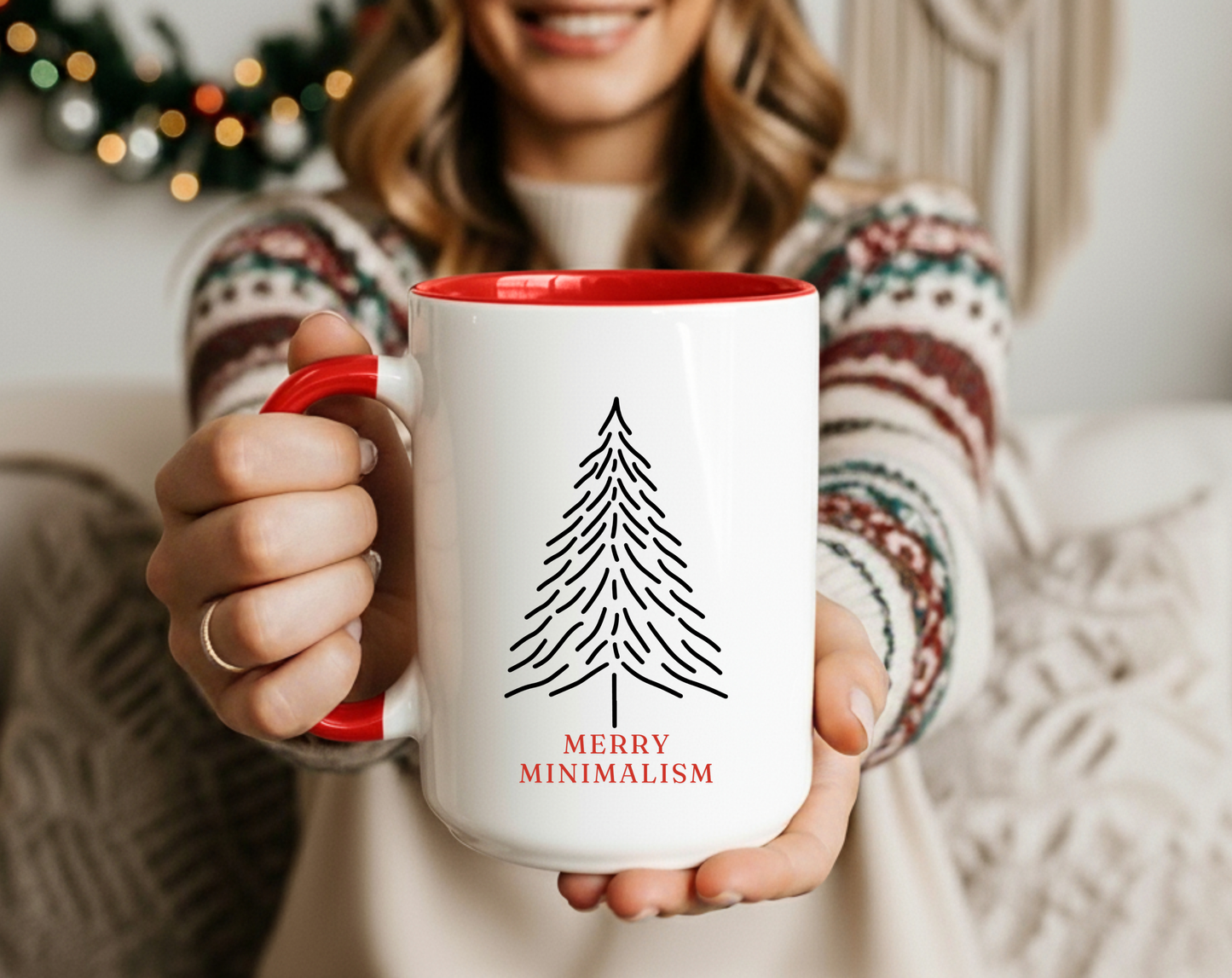 Merry Minimalism Feathery Tree 15 oz Red Accent Mug | Modern Christmas Tree Coffee Cup