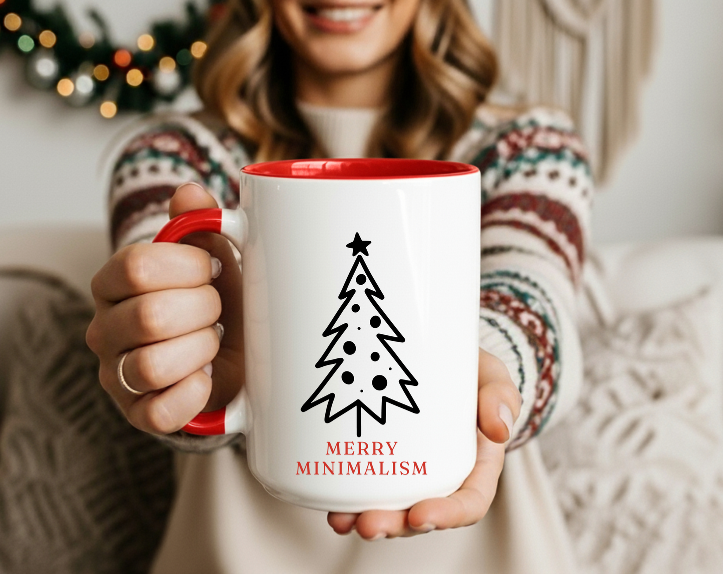Merry Minimalism Whimsical Tree 15 oz Red Accent Mug | Modern Christmas Tree Coffee Cup