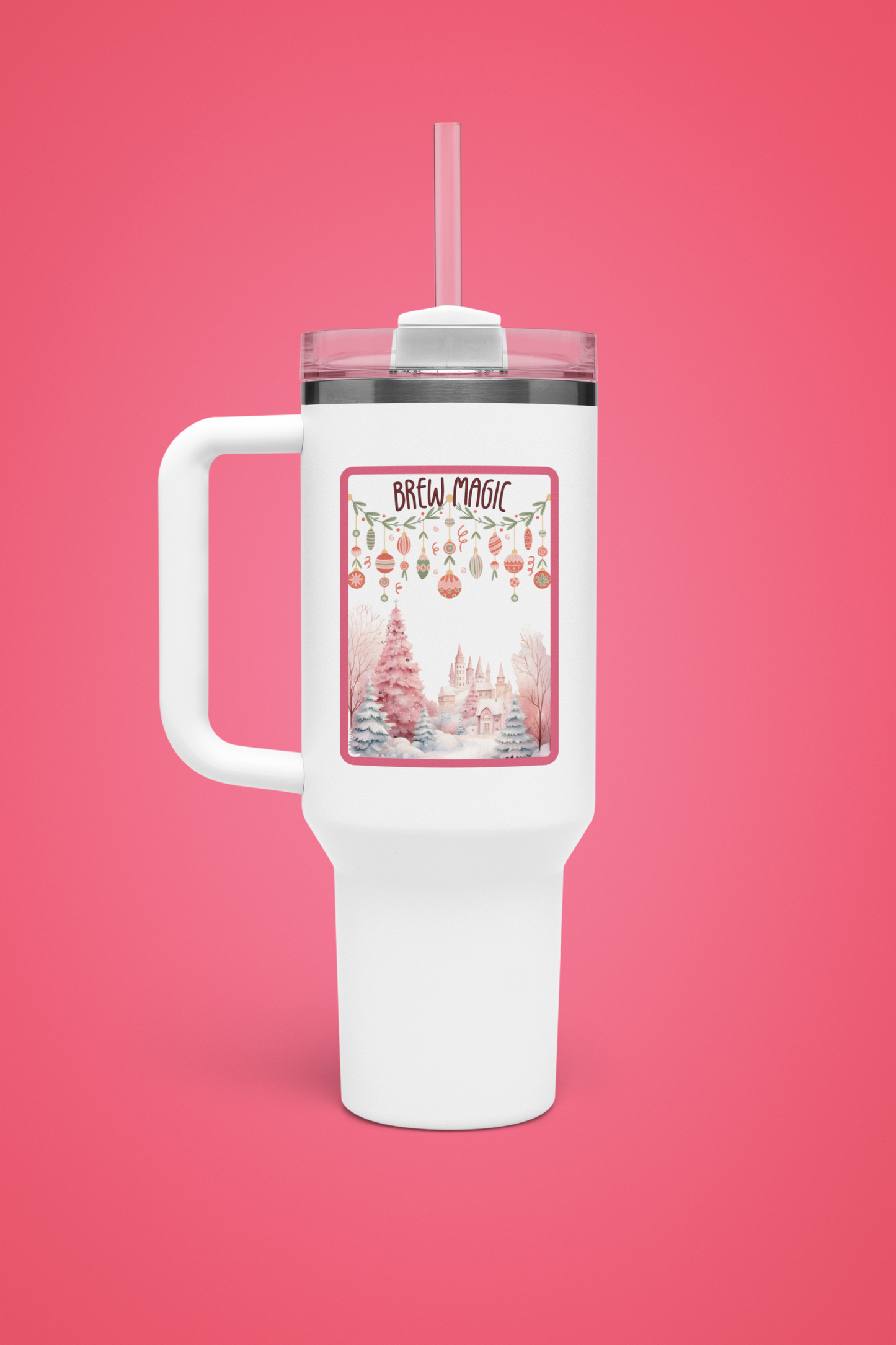 Brew Magic Christmas 40 oz Tumbler | Pink Holiday Travel Mug | Whimsical Winter Coffee Cup