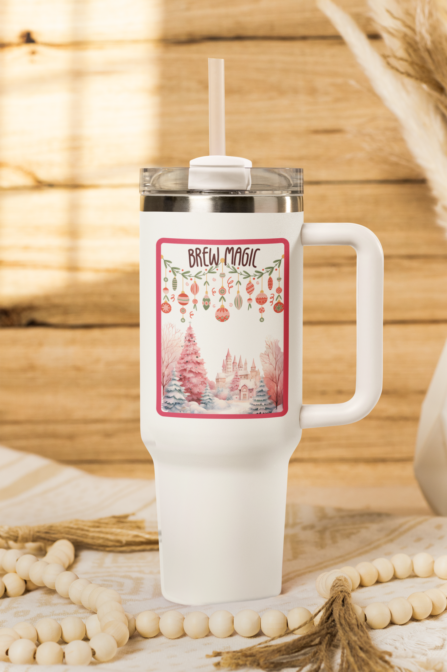 Brew Magic Christmas 40 oz Tumbler | Pink Holiday Travel Mug | Whimsical Winter Coffee Cup
