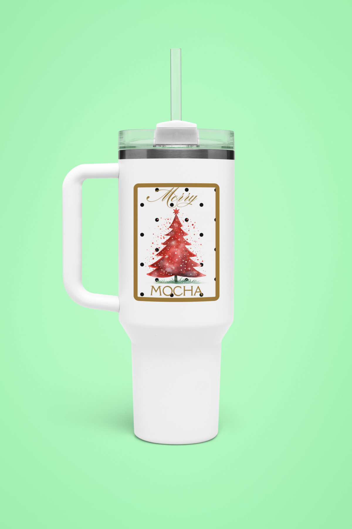 Mocha Christmas 40 oz Tumbler | Red Tree Holiday Travel Mug | Whimsical Winter Drinkware