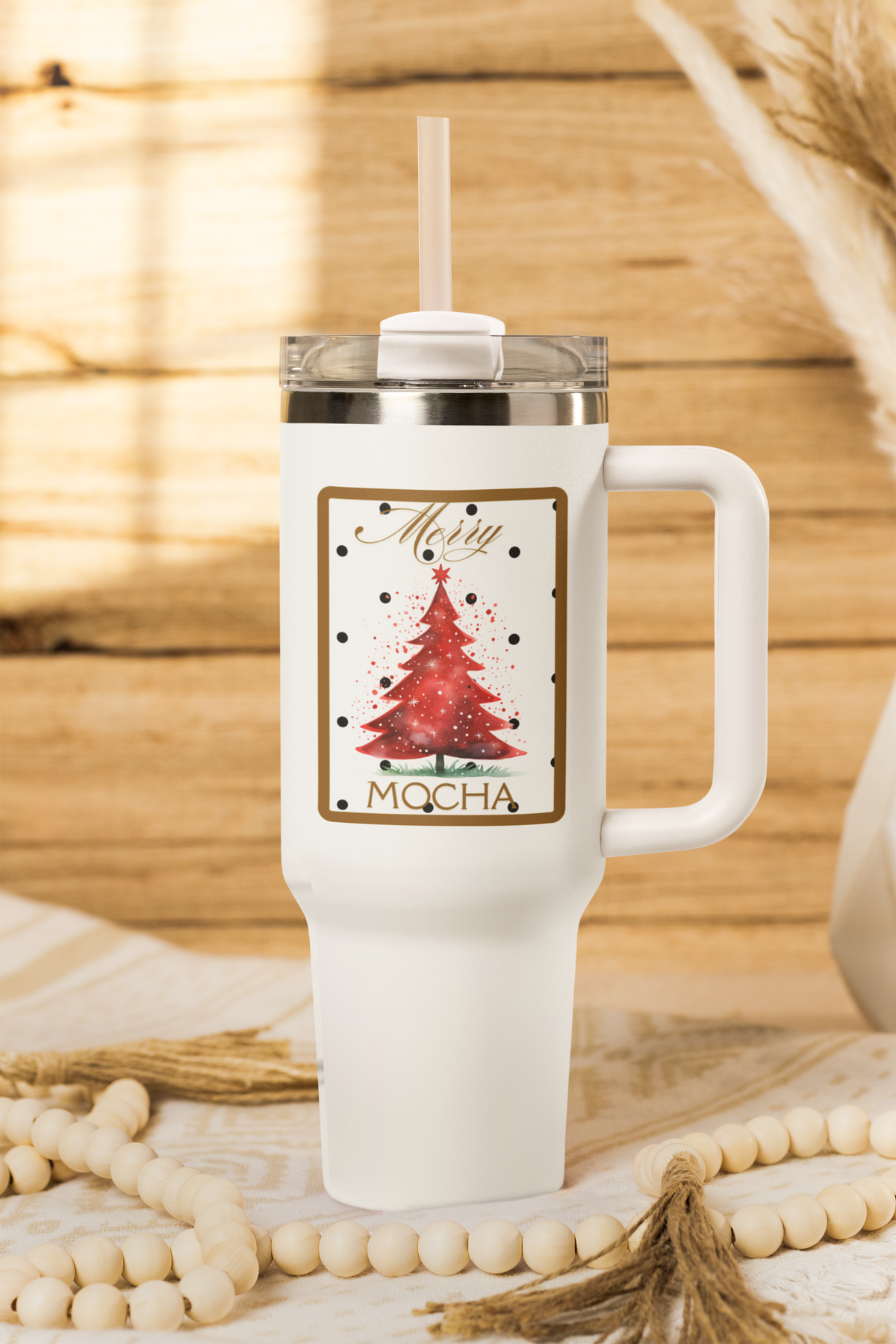Mocha Christmas 40 oz Tumbler | Red Tree Holiday Travel Mug | Whimsical Winter Drinkware