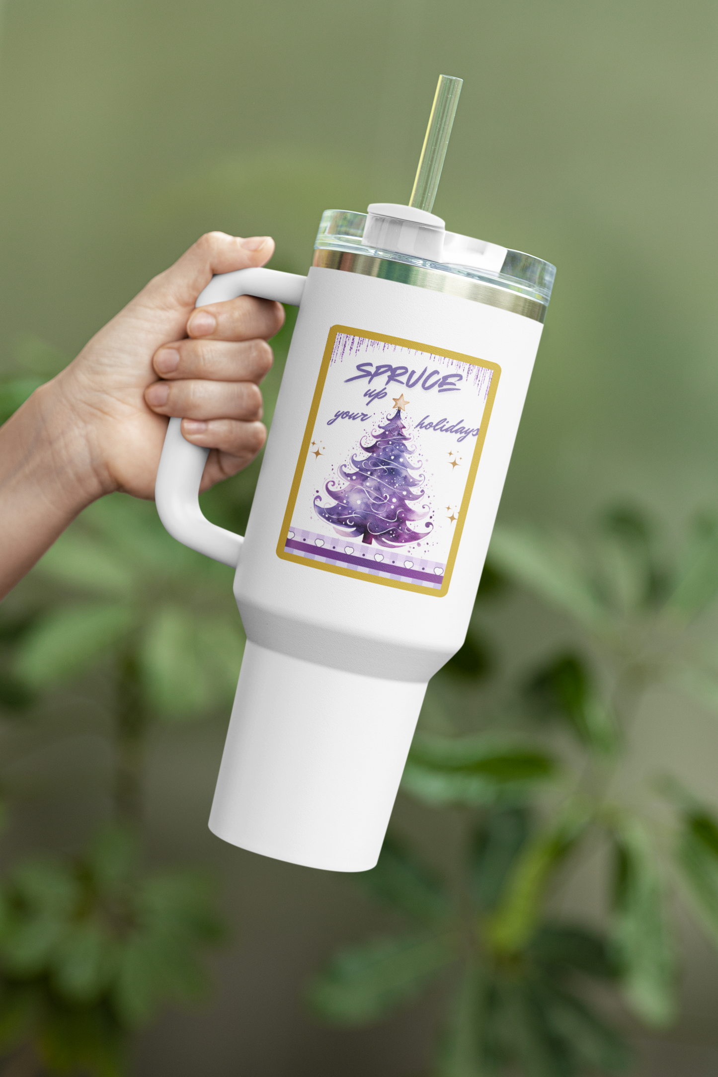 Spruce Up the Holidays 40 oz Christmas Tumbler | Purple Tree Holiday Travel Mug