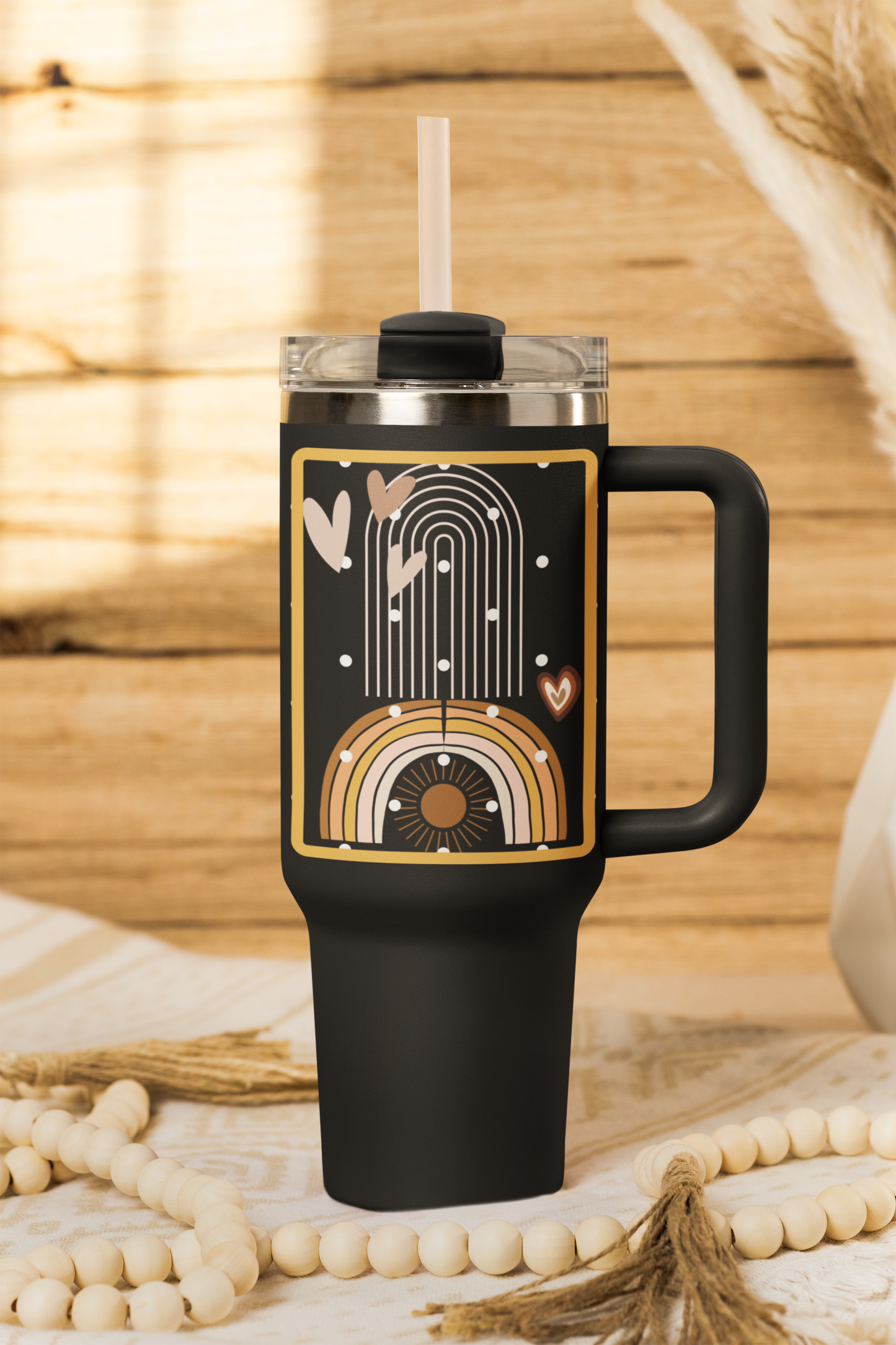 Sunset Arches 40 oz Black Tumbler | Boho Geometric Travel Mug | Modern Everyday Drinkware