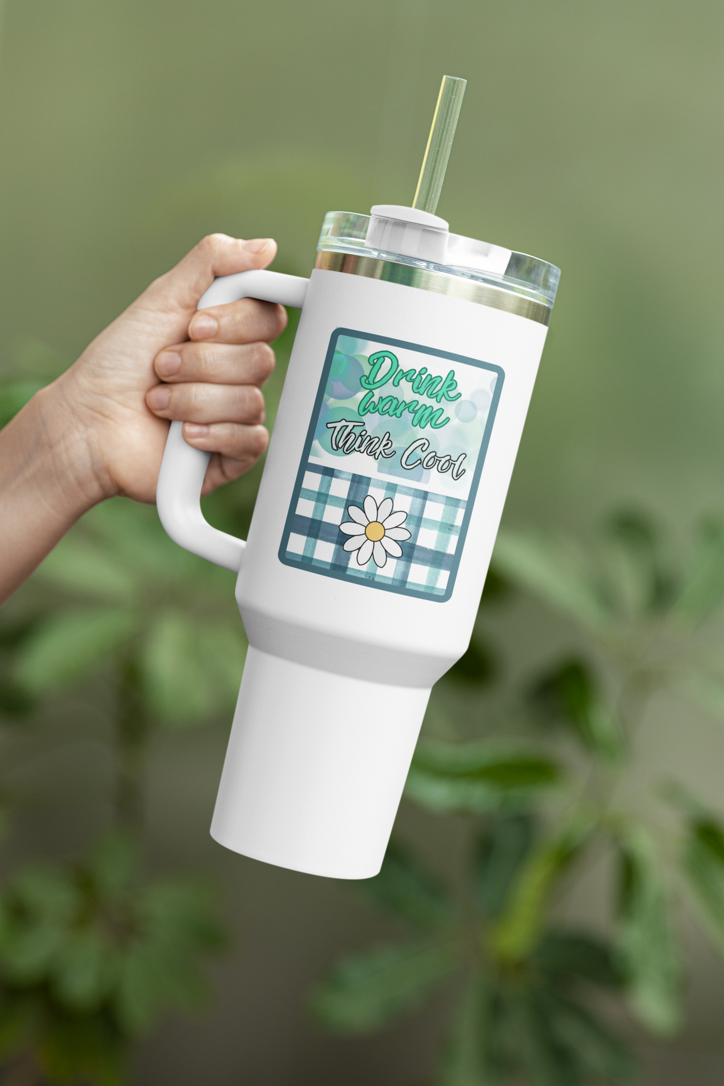 Drink Warm, Think Cool 40 oz Tumbler | Teal Daisy Travel Mug | Playful Everyday Drinkware