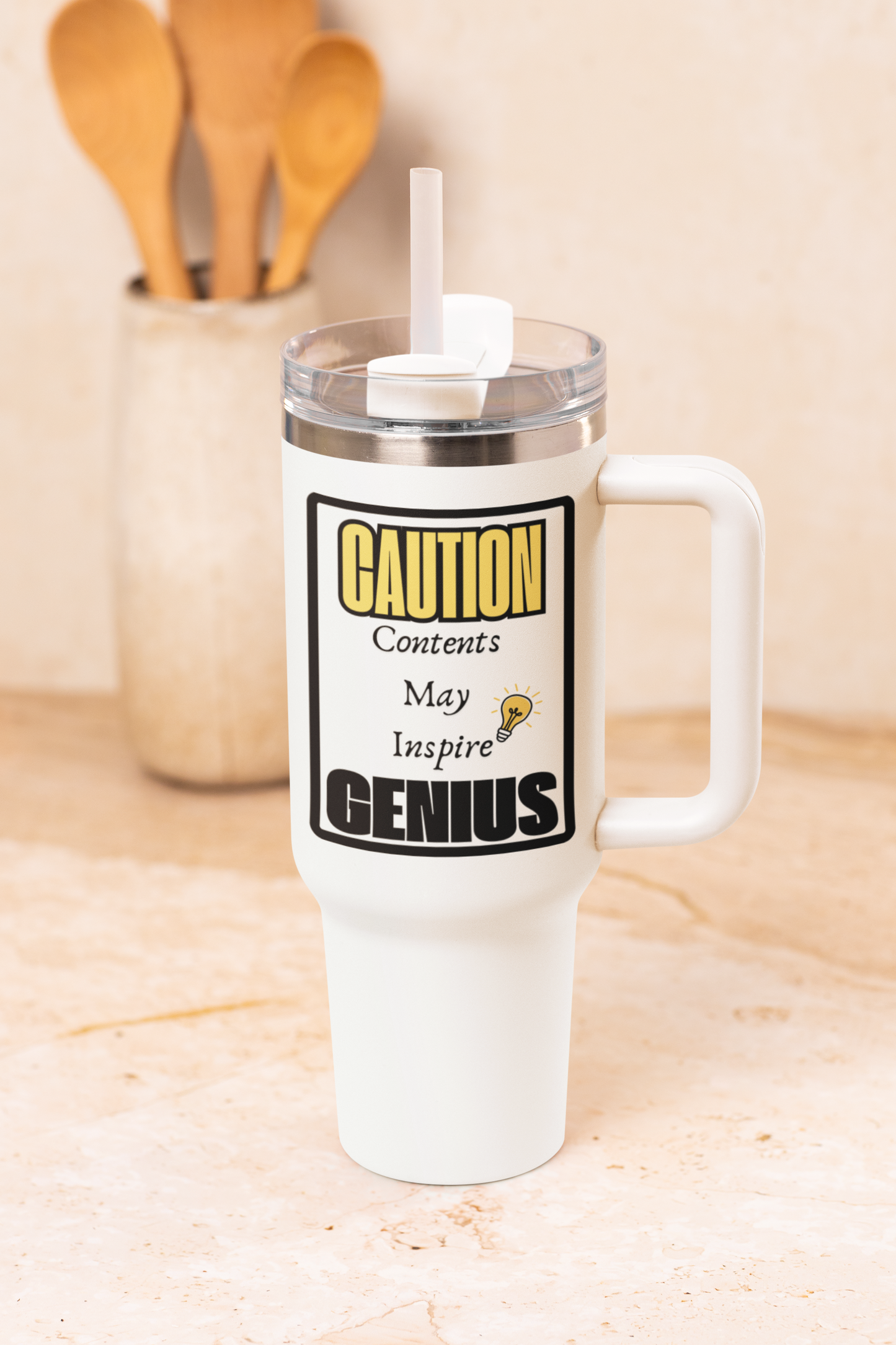 Caution: Contents May Inspire Genius 40 oz Tumbler | Funny Motivational Travel Mug | Everyday Gift Drinkware