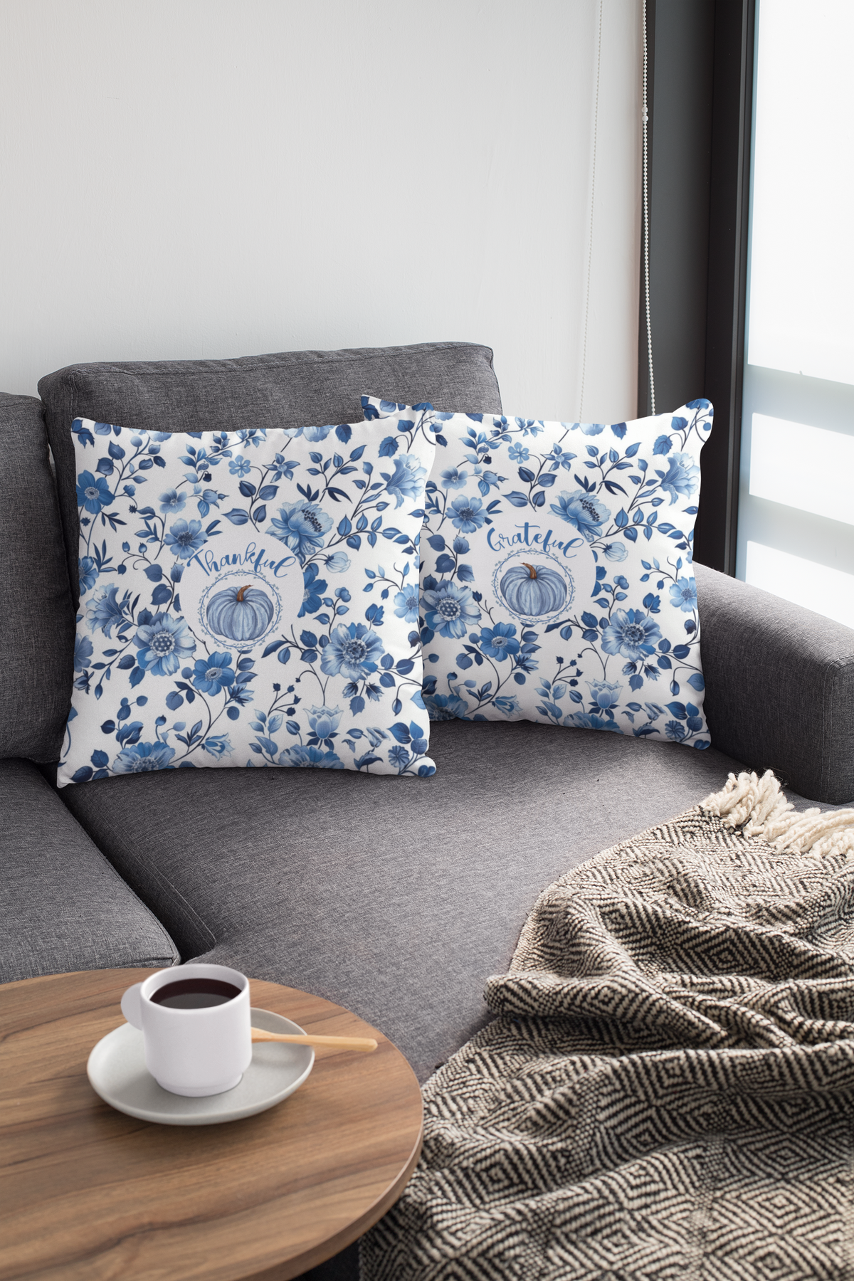 Thankful Grateful Reversible Fall Pillow | Blue Floral Pumpkin Thanksgiving Decor | Double-Sided Autumn Accent Pillow