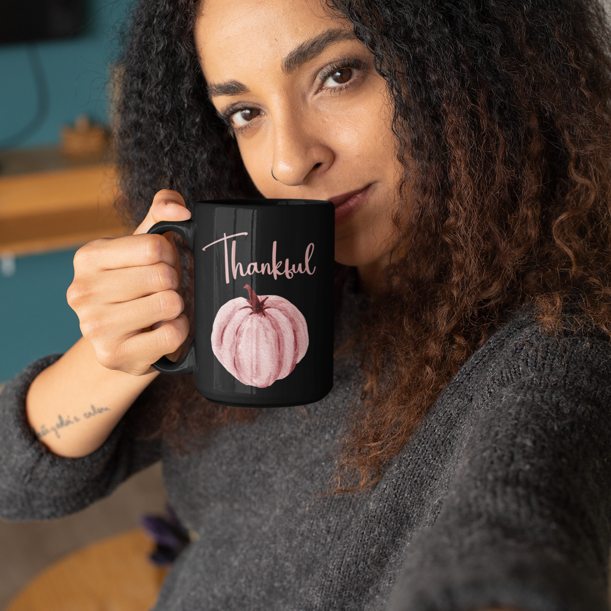 Thankful & Grateful Pink Pumpkin Mug — Midnight Black