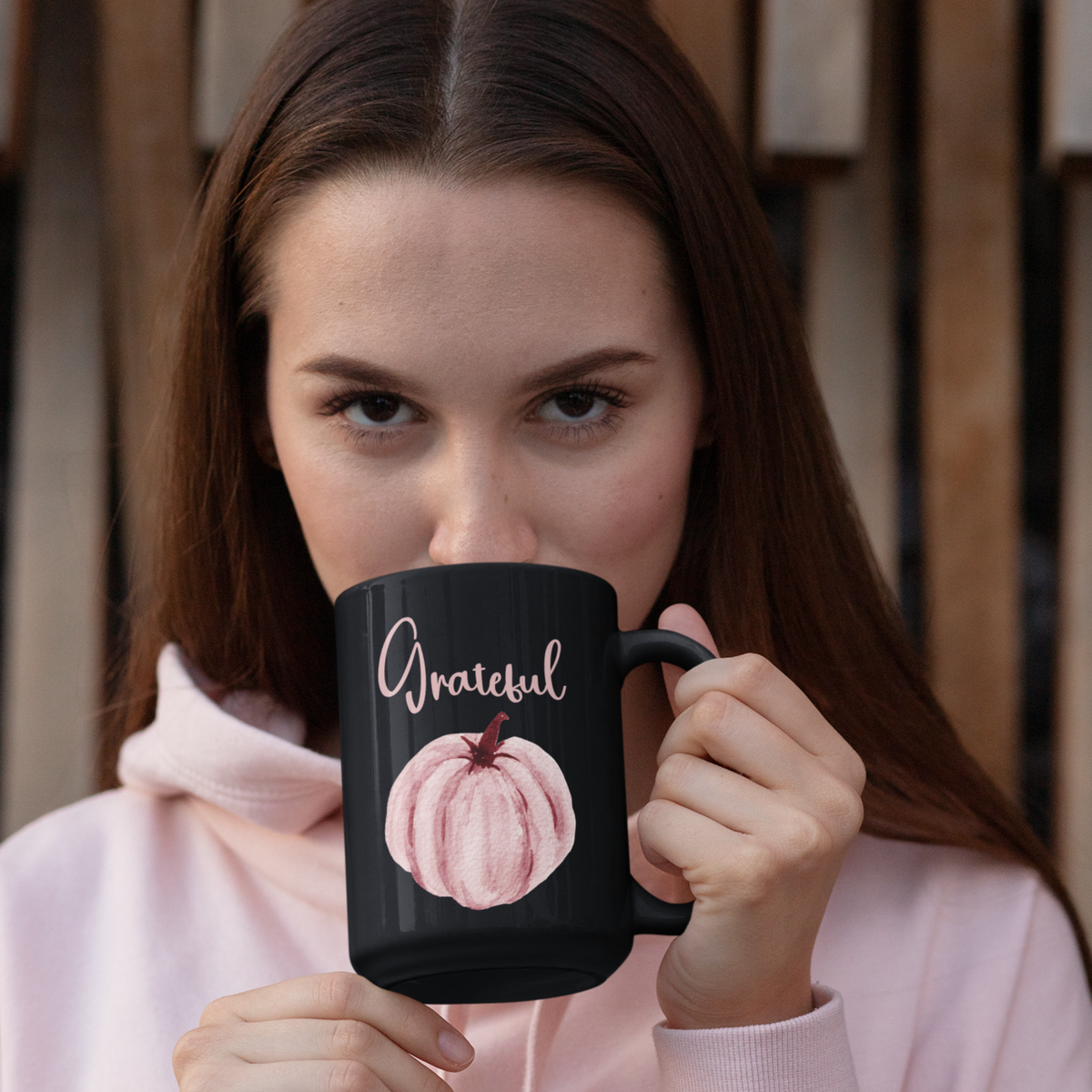 Thankful & Grateful Pink Pumpkin Mug — Midnight Black