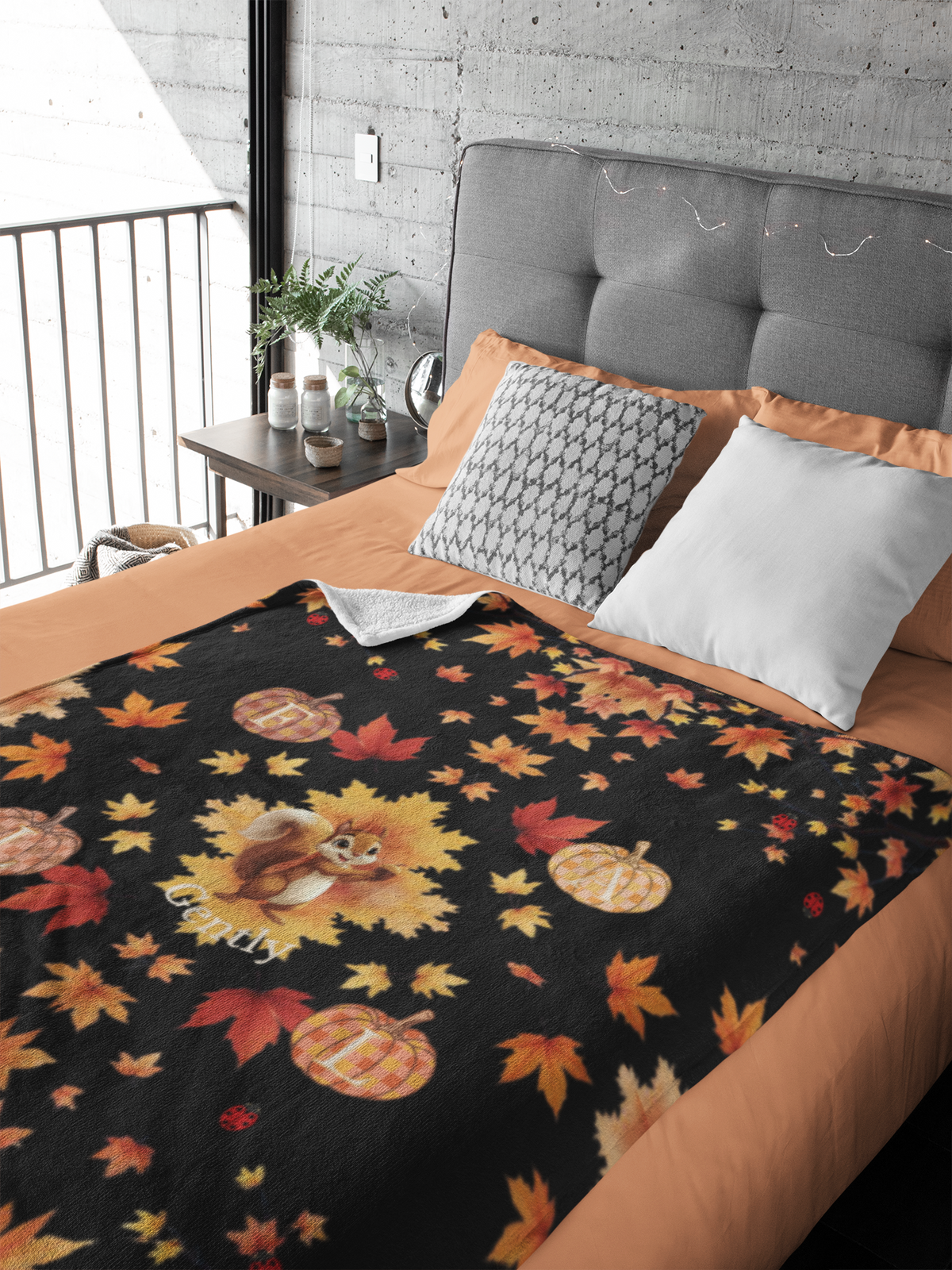 Fall Gently Velveteen Plush Blanket | Cozy Autumn Squirrel & Pumpkin Throw