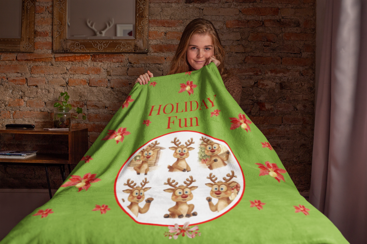 Holiday Fun Christmas Velveteen Plush Blanket | Festive Reindeer Cozy Throw