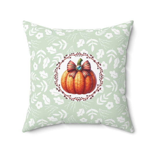 Mint Green Floral Fall Throw Pillow Bejeweled Bow Pumpkin Cushion Modern Fall Thanksgiving Accent Housewarming Gift Pillow Chic Autumn Design