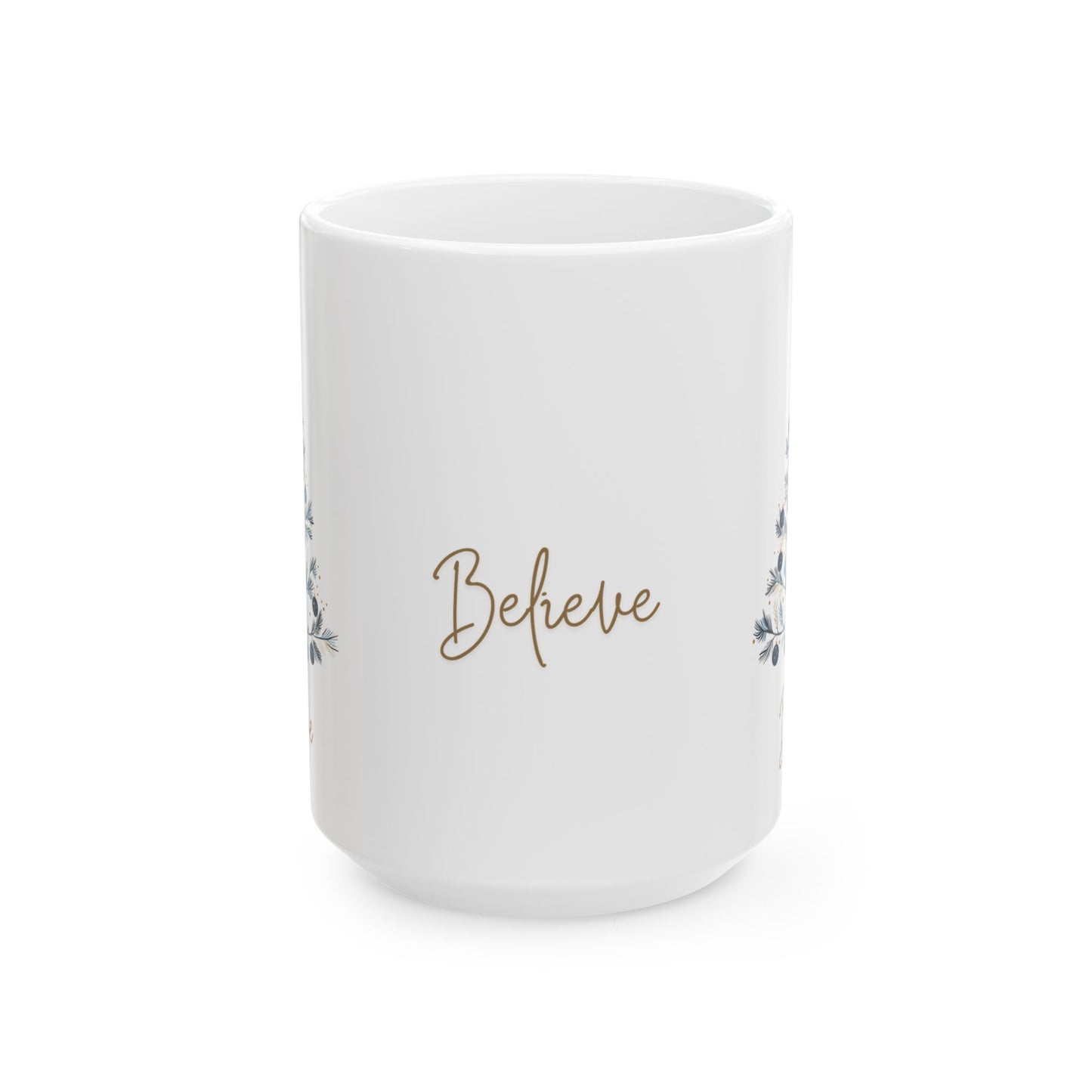 Believe Blue & Gold Christmas 15 oz Mug | Elegant Winter Tree Coffee Cup
