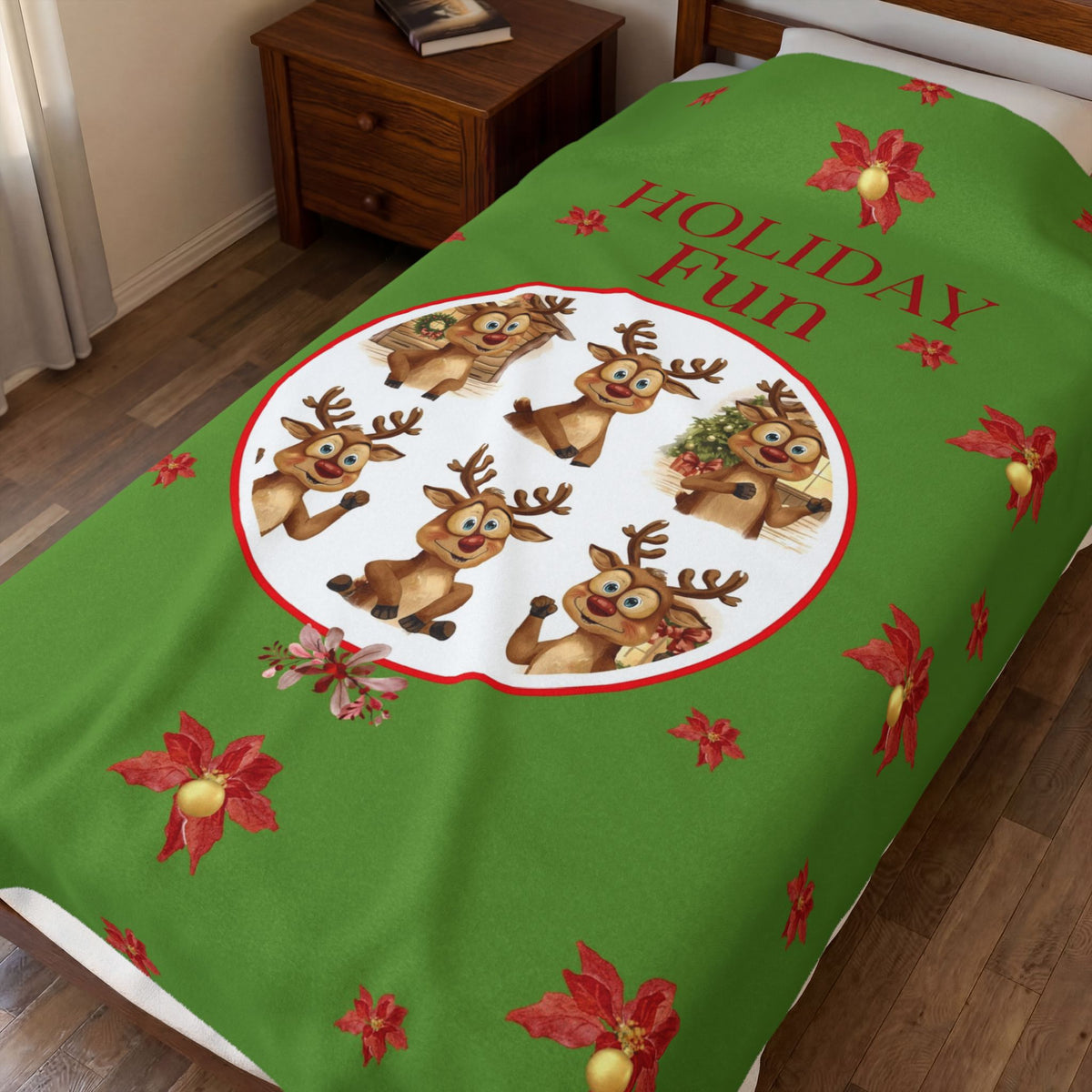 Holiday Fun Christmas Velveteen Plush Blanket | Festive Reindeer Cozy Throw