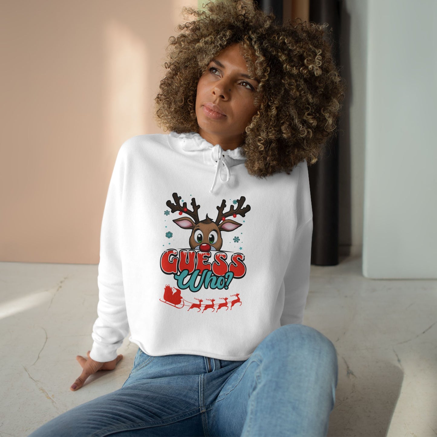 Christmas Crop Top Peeking Reindeer Hoodie Cute Santa Sleigh Guess Who Sweatshirt Design Holiday Gift Fashion Winter Wonderland Idea